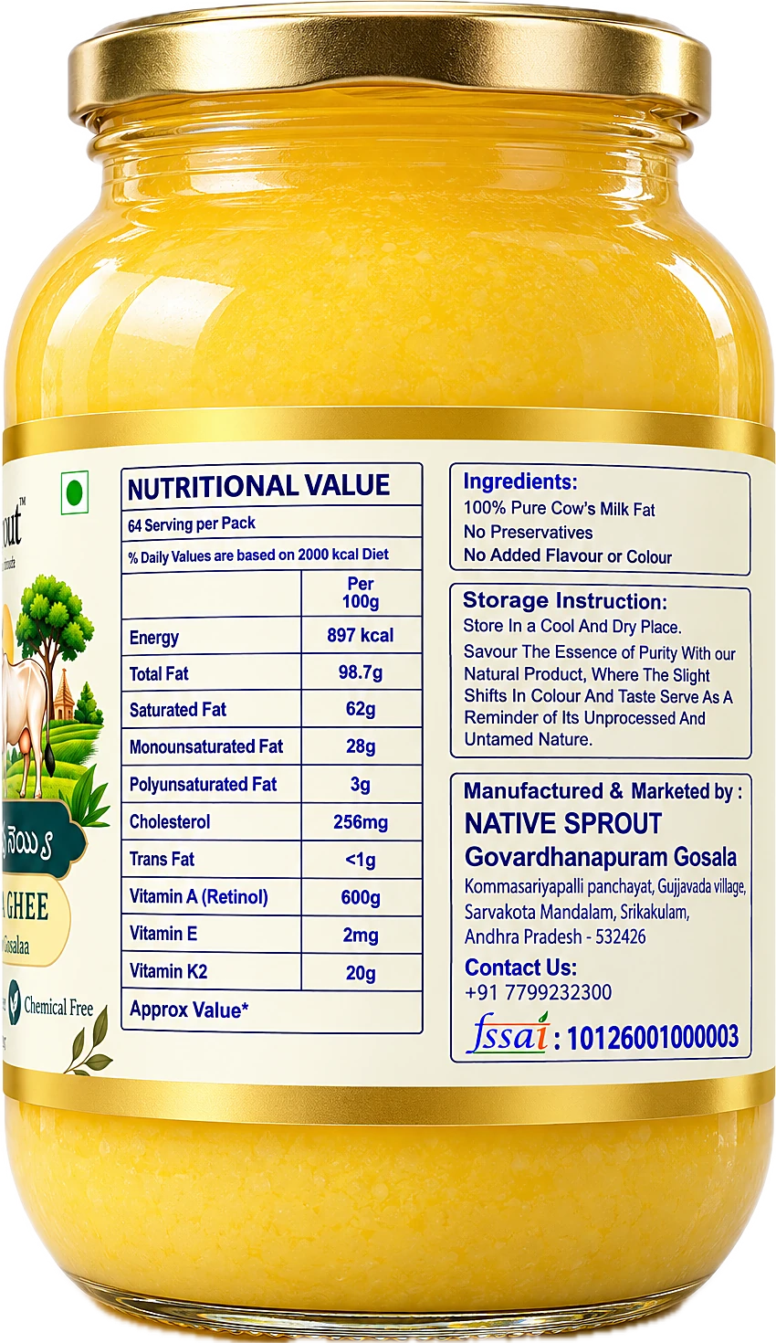 Back label: nutritional value, ingredients, storage and FSSAI details
