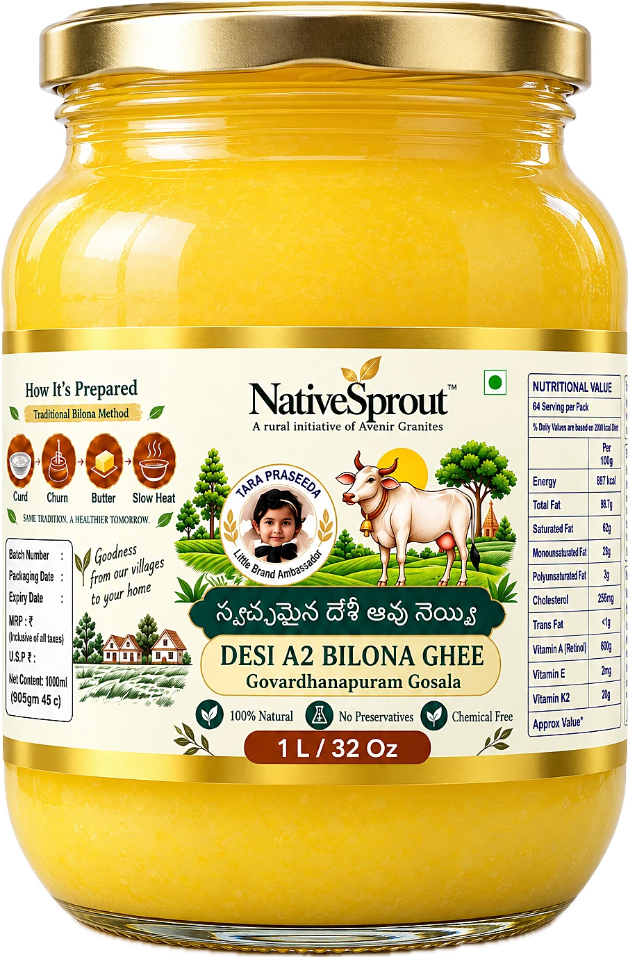 NativeSprout Desi A2 Bilona Ghee, 1 litre jar, front label